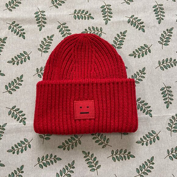 Acne Studios Small Face Logo Red Unisex Knit Hat - Picture 1 of 5